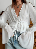 Fashion Chiffon Long-Sleeved Lace Lady Shirt Spring And Summer New Loose Comfortable Horn Sleeve Woman 68HZ