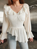 2025 Women's New Style Elegant Long-Sleeved Lotus Leafy Chiffon Autumn Irregular Top 68HZ