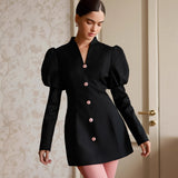 Hepburn Style Black Short A-Sale High-End Women's New Light Luxury V-Neck Bubble Sleeve Dress 68HZ