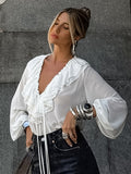 Spring And Summer New Loose V-Neck Lotus Leaf Side With Long-Sleeved Shirt Fashion Lantern Sleeve Simple Commuter Women's Clothing 68HZ