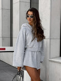2025 Autumn Hooded Long-Sleeved Sweaty Loose Shorts Two-Piece Set Of Casual Sports Suit Gray Woman 68HZ