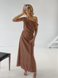 2025 Vintage Spring/Summer Casual Cotton Brown Irregular Collared Short-Sleeved Slimmed Sexy Dress 68HZ