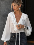 Spring And Summer New Loose V-Neck Lotus Leaf Side With Long-Sleeved Shirt Fashion Lantern Sleeve Simple Commuter Women's Clothing 68HZ