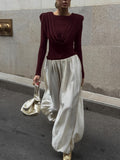 Folded Waist Swing Long-Sleeved T-Shirt Women's Senior Sense 2025 Autumn And Winter Beauty Bottom Top 68HZ