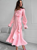 Gentle Wind Pink Temperament Lotus Leaf Side V Collar Sleeve Fishtail Dress Autumn Lace Long Skirt 68HZ