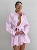 Pink Striped Cardigan Long-Sleeved Shirt Top Loose Folded Skirt Two Sets Of Summer Comfortable Fresh Suit Woman 68HZ