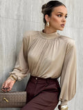 2025 New Blouse Female Summer High-End Pendant Cushioned Shoulder Temperament Elegant Long-Sleeved Simulation Silk Shirt 68HZ