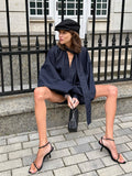 2026 Women's Blue Denim Set Loose Bubble Sleeve Shirt Shorts Two Sets 68HZ