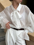Spring/Summer 2025 White Shirts With Sexy Nets͸ÊÓ Horn Sleeve Casual Women's Shirt T-Shirt 68HZ