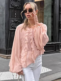 French Pink Chiffon V-Neck Loose Lotus Leaf-Side Shirt 2025 Summer Fashion New Top Lady 68HZ