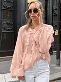 French Pink Chiffon V-Neck Loose Lotus Leaf-Side Shirt 2025 Summer Fashion New Top Lady 68HZ