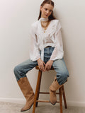 2025 Spring And Summer New Comfortable V Collar Lotus Side Long Sleeve Loose Shirt Design Sense Commuting Top 68HZ