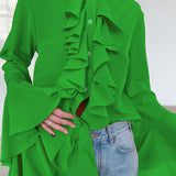 White Chiffon Design Round Collar Horn Sleeve Lotus Leaf Side Women's Shirt 2025 Spring And Summer New Fashion Woman 68HZ