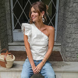 French Retro Temperament Collared Shoulder Design Short Cotton White Summer Lotus Leaf Side Vest Woman 68HZ