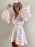 Spring 2025 New Strawberry Print V-Neck Lantern Sleeve Dress Fashion Tea Dress Woman 68HZ