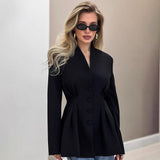 Women's Autumn Temperament Elegant Repair Waist Black Small Suit Commuting Design V Collar Suit Coat 68HZ