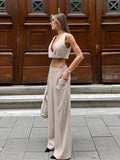 Summer Fashion Design Feel Sleeveless V Collar Umbilion Short Waist Broad-Footed Trousers Temperament Casual Takts Suit Woman 68HZ