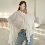 White Chiffon Design Round Collar Horn Sleeve Lotus Leaf Side Women's Shirt 2025 Spring And Summer New Fashion Woman 68HZ