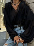 Autumn And Winter Sexy Design Feeling Micro-Permeable Chiffon Black Mystery Loose V-Neck Shoulder Sleeves With Niche Tie Shirt 68HZ