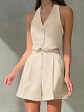Spring And Summer New Commuting Style Sleeveless V-Neck Hanging Neck Hot Pants Set 2025 Fashion Two Sets 68HZ
