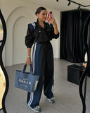 Small Design Feel Denim Spliced Striped Workwear Set Women's High-End Straight Trousers High-End Two Sets 68HZ