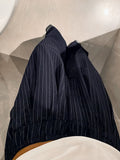 Lazy Style Retro Stripes Tibetan Cyan Loose Broad Leg Pants Female Design With High Waist Casual Mop Trousers 68HZ