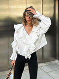 Cotton Design Lotus Leaf Side Sexy V Tie Shoulder Sleeves With Autumn And Winter Temperament Casual Shirt Woman 68HZ