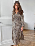 Leopard Print Color-Butt V-Neck Lantern Sleeve A Swing Temperament Dress 2025 Autumn Fashion New Long Dress Woman 68HZ