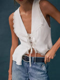 Summer Fashion New White Cotton Collar Lace Sexy Sleeveless Body-Claw Tie French Casual Vest Woman 68HZ