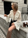 Fashion Design Sexy Perspective Loose V-Neck Shirt Long-Sleeved Shirt Women's 2025 New Products 68HZ