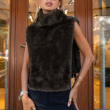 Women's Clothing Autumn And Winter New Solid Color Semi-High Collar Hairy Shoulders Sleeveless Top Dress Vest 68HZ