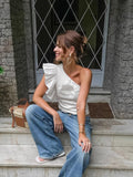 French Retro Temperament Collared Shoulder Design Short Cotton White Summer Lotus Leaf Side Vest Woman 68HZ