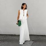 Autumn White Cotton Sexy V-Neck Sleeveless Vest Open Skirt Two-Piece Fashion Casual Suit 68HZ