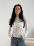 Autumn And Winter Leisure Temperament With A Little Transparent Sexy Knitted Round Collar Long-Sleeved Commuting T-Shirt White 68HZ