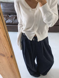 Lazy Style Retro Stripes Tibetan Cyan Loose Broad Leg Pants Female Design With High Waist Casual Mop Trousers 68HZ