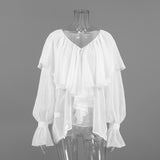 Autumn Texture V Collared Horn Horn Sleeve Shirt Female White Chiffon 68HZ