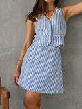 Slim Slimmed Summer Fresh Striped Cotton Sleeveless Vest Short Skirt Two Sets Of Summer Commute Skirt Set 68HZ