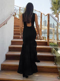 2025 Summer Fashion High-End Sleeveless Black Languid Temperament Round Collar Dress French Mesh Splicing Long Dress 68HZ