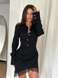 Autumn And Winter Black Sexy Sister Style Lace To Receive Waist Needle Shirt Dress Girl Body Irregular Dress 68HZ