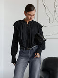 Court Style French Lotus Side Collar Single Row Buckle Long-Sleeved Shirt Women's Dress French Lantern Sleeve Loose Solid Color Top 68HZ