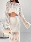 Spring And Summer Thin Knitted Netted Short Suit Dress Summer Women Two Sets Of Long-Sleeved Tops Sexy Half-Body Dress 68HZ