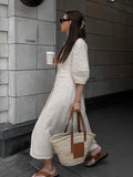 2025 French-Cooked Beige Cotton Foam Sleeve Dress Women's Summer Loose Back Loose V-Neck Shirt Skirt 68HZ