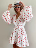 Spring 2025 New Strawberry Print V-Neck Lantern Sleeve Dress Fashion Tea Dress Woman 68HZ