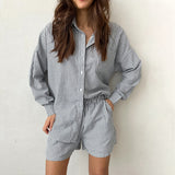 2025 New Blue Striped Cotton Clip Shirt Long Sleeve Hot Pants Set Summer Fashion Women's 68HZ