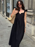 Black Cotton Flying Flying Sleeve Chicken Heart Collar A Casual Dress 2025 Spring And Summer Fashion New Long Dress Woman 68HZ