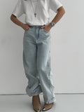 Vintage Water Wash Light Blue Straight Jeans Women Lazy Broad Leg Hole Design Drag Trousers Spring 68HZ