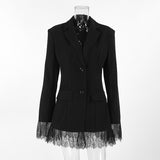 Black Small Suit Jacket 2025 Autumn And Winter New Design Lace Splicing Commuting Women's Long-Sleeved Top 68HZ