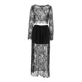Spring And Summer Sexy Black Perspective Lace Long Sleeves Loose Leisure Collar High Waist Half-Dress Suit Women's Clothing 68HZ