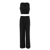 Summer Fashion Design Feel Sleeveless V Collar Umbilion Short Waist Broad-Footed Trousers Temperament Casual Takts Suit Woman 68HZ