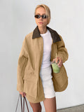 Ki Color Autumn And Winter New Splicing Leather Loose Wind Coat 2025 Fashion Coat Woman 68HZ